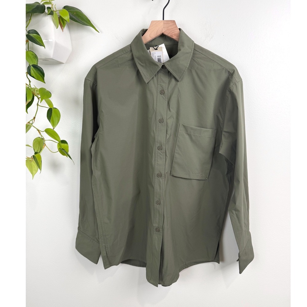 Tilley Tech Shield Shirt Womens Medium Khaki Green Long Sleeve Oversized UPF NWT